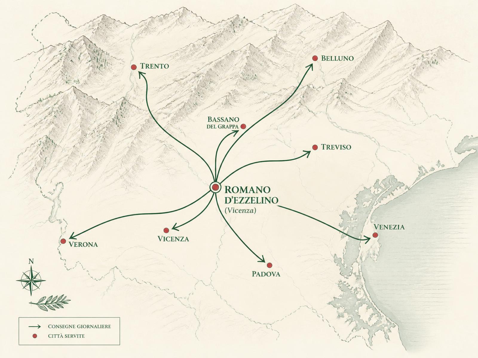 Mappa delle zone di consegna Andreola Fiori nel Nord-Est
